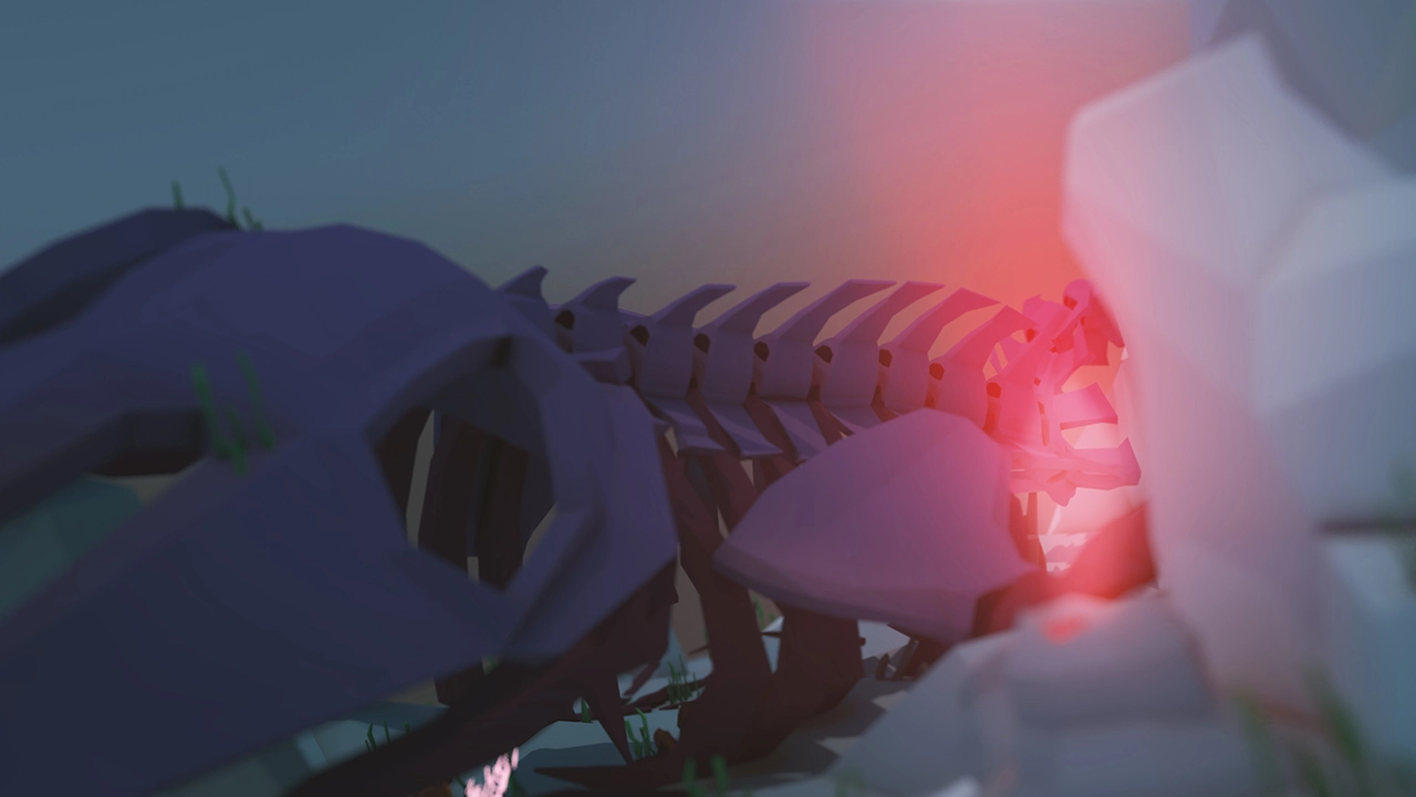 Render of a giant whale skeleton on the bottom of the ocean for a video game