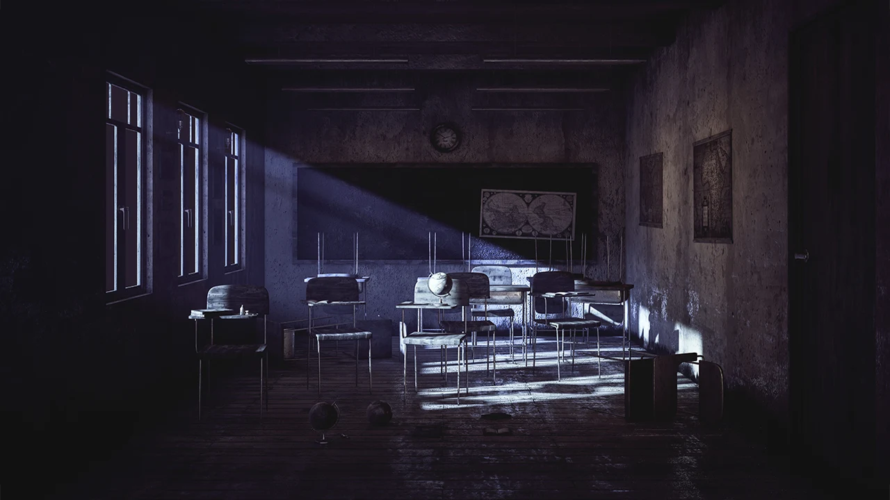 Render of an abandoned and dark class room