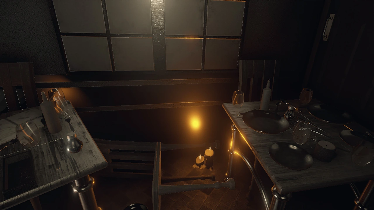 In-game screenshot of a dark restaurant seen from a first person view