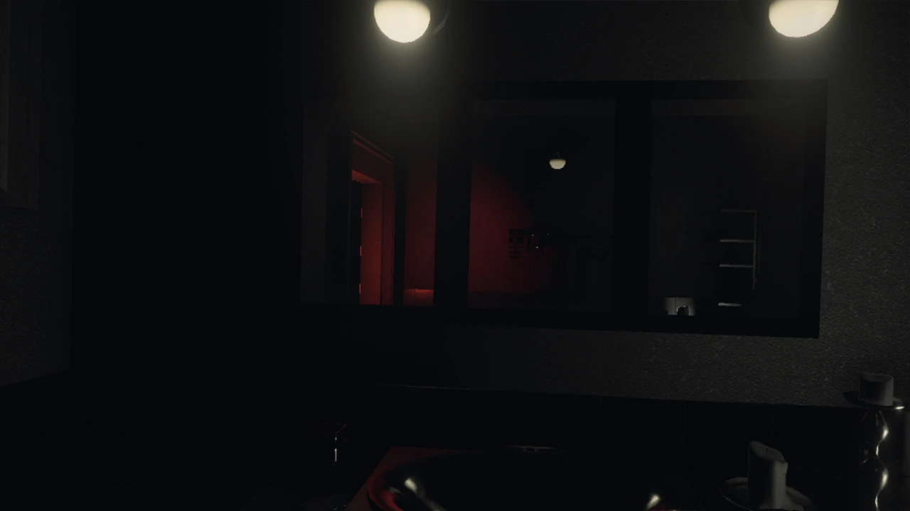 A scary view of a red light reflected on a mirror and behind the character