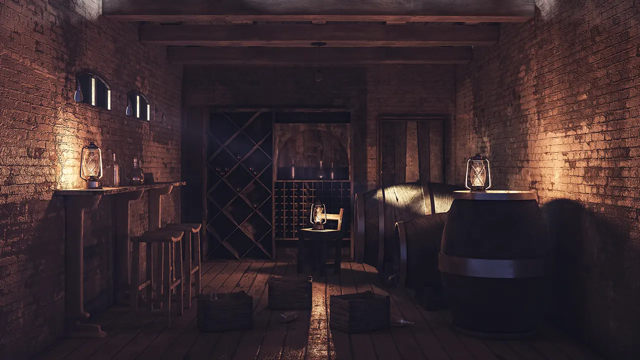 Render of a wine cellar lit by oil lamps