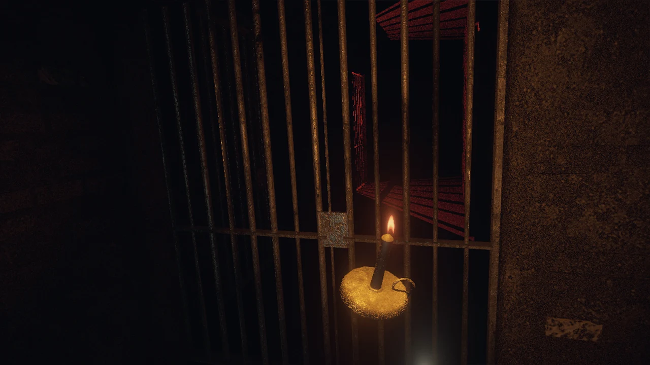 In-game screenshot of the first person VR view with the player holding a candle light in a prison