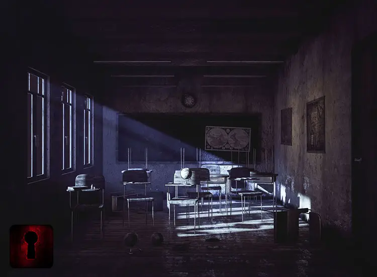 scary spooky image of abandoned classroom in Fade Out video game by playsys for HTC Vive and Oculus Quest and Rift on Steam