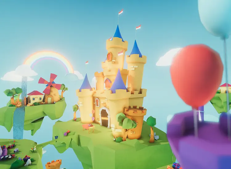 rendered image of a cute and colourful 3d scene of a video game for kids