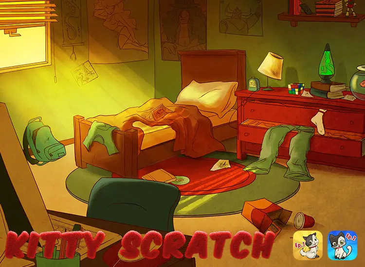 Illustration of a bedroom of a lazy guy from kitty scratch video game by playsys for phones and tablets
