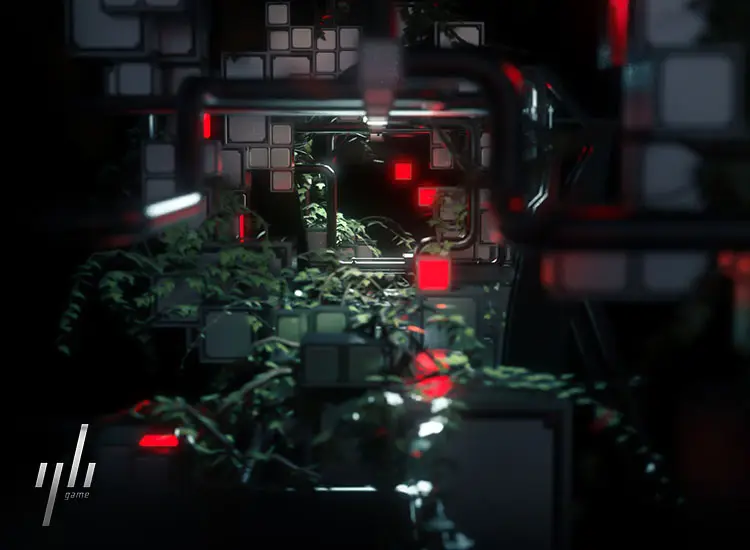 3D render with intense depth of field from qb virtual reality rail shooter video game